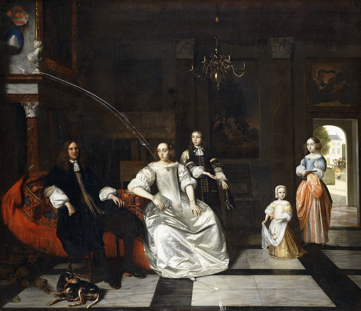 Gruppeportræt af Jacott-Hoppesack-familien med en hund i et overdådigt klassisk interiør, en dame og en herre, der slentrer i en park gennem en døråbning hinsides, af Pieter de Hooch