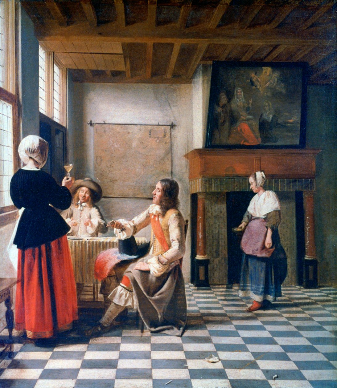 Interiør, kvinde drikker med to mænd og en tjenestepige, c1658 af Pieter de Hooch