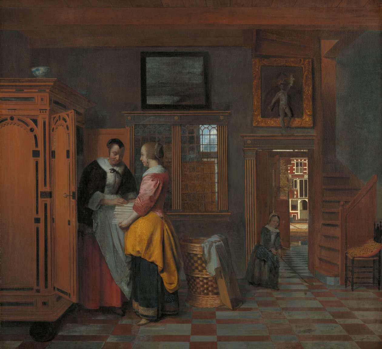Interiør med kvinder ved siden af et linnedskab Interiør med kvinder ved siden af en linnedkiste af Pieter de Hooch