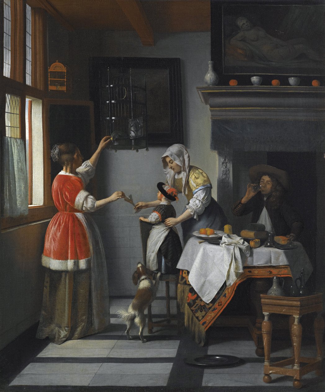Interiør med et barn, der fodrer en papegøje af Hooch, Pieter, de af Pieter de Hooch