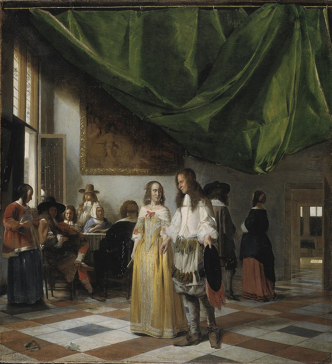 Interiør med et ungt par og mennesker, der laver musik af Pieter de Hooch