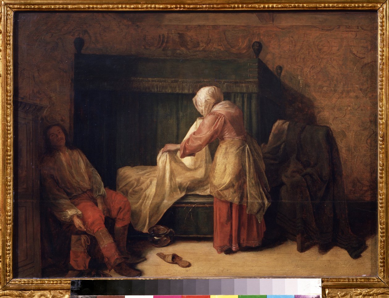 ""The Morning of a Young Man"" (The Morning of a Young Man) En ung mand forbereder sig på at vågne op, mens en stuepige laver sengen om. På gulvet en tøffel og en kammerpotte. Maleri af Pieter de Hooch (1629-1684) 1655-1657 Pushkin Museum, Moskva af Pieter de Hooch
