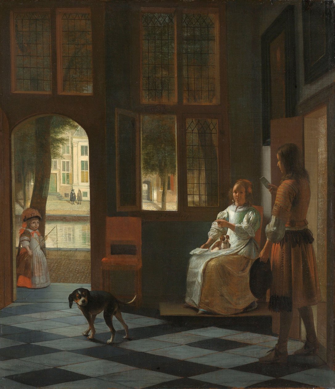 Mand, der rækker et brev til en kvinde i entréen til et hus, 1670 af Pieter de Hooch