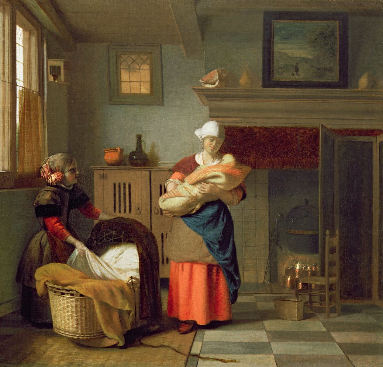 Sygeplejerske med baby i et interiør og en ung pige, der forbereder vuggen af Pieter de Hooch