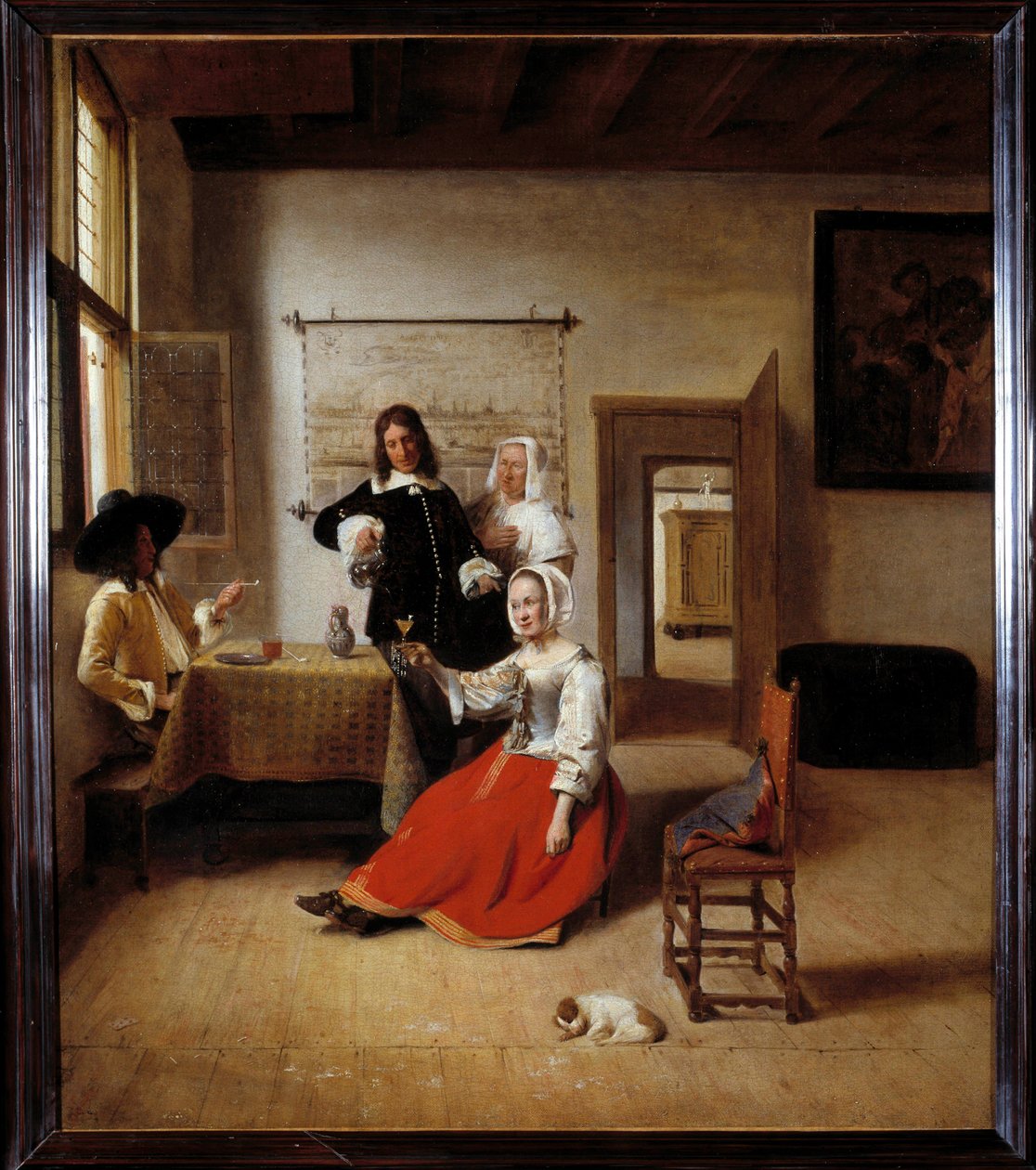Drikkeren En alkoholiseret kvinde i et flamsk hus omgivet af andre drikkere. Maleri af Pieter de Hooch (1629-1684) 1658 søn. 0,69x0,6 m - Kvinde drikker med soldater. Interiør af et flamsk hus. Maleri af Pieter de Hooch (1629-1684) af Pieter de Hooch
