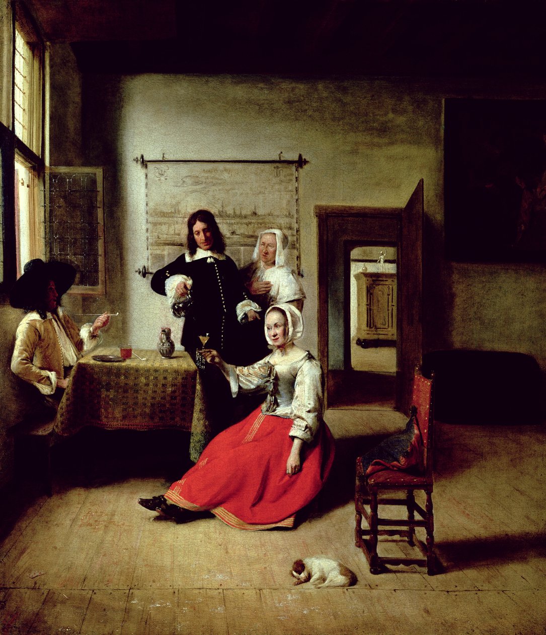 Kvinde drikker med soldater, 1658 af Pieter de Hooch