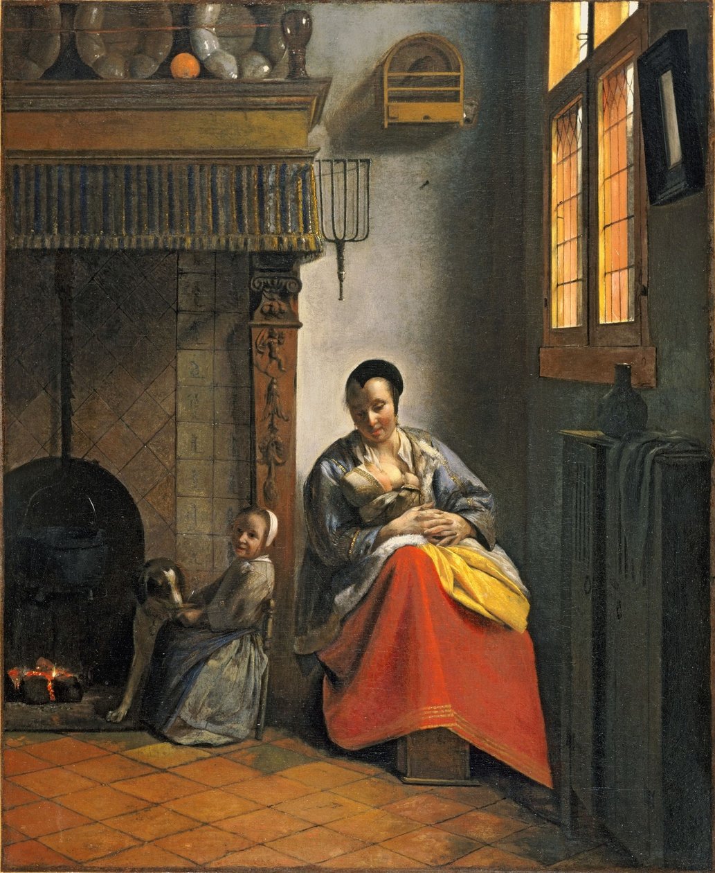 Kvinde, der ammer et spædbarn, med et barn og en hund af Pieter de Hooch