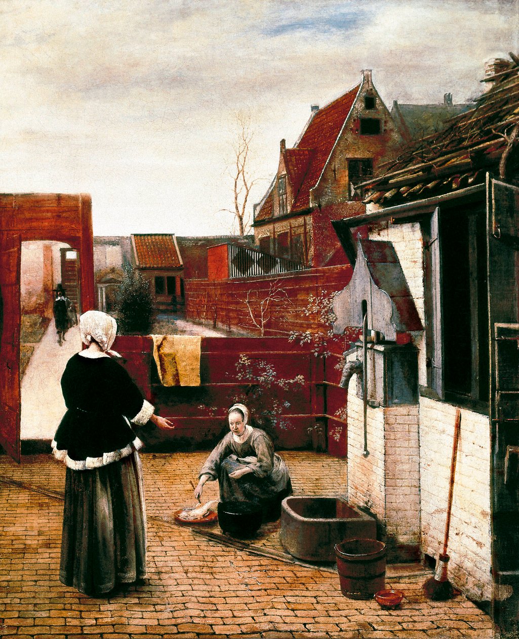 kvinde og hendes tjener i en domstol af Pieter de Hooch