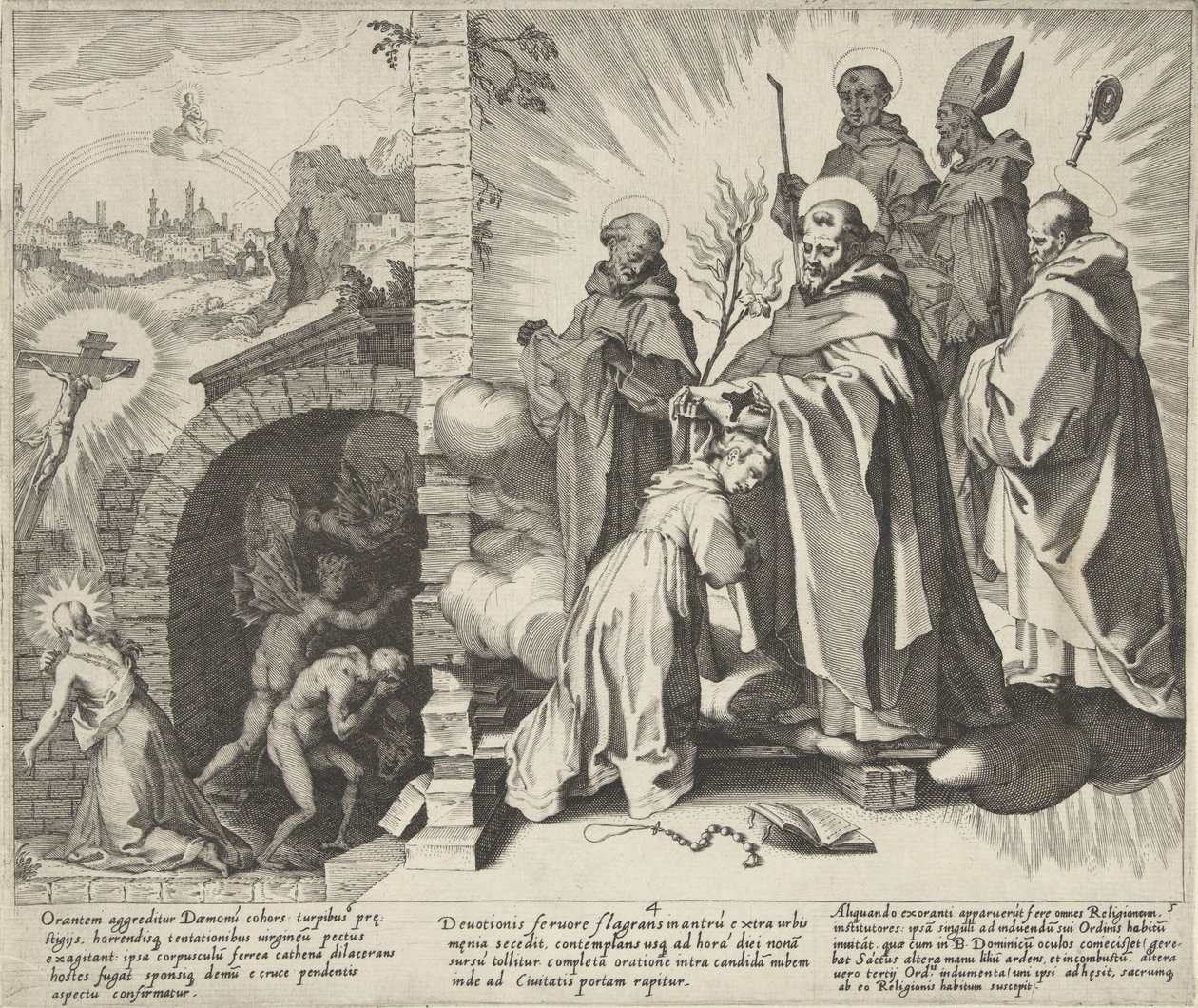 Catharina budd / Visioen van Catharina / Catharina wordt Dominicanes Scènes uit het leven en wonderen van de Heilige Catharina van Siena (serietitel) Life, Death, and Selected Miracles of B. Catherine the Elder (...) (serietitel) af Pieter de Jode (I)