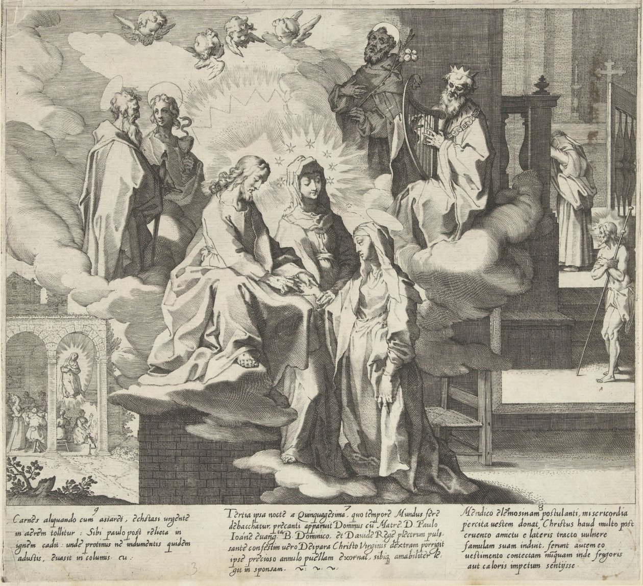 Catherine dukker op / Catherines bryllup / Catherine deler sin kappe Scener fra Saint Catherine of Sienas liv og mirakler (serietitel) Vita mors gesta, et miracula quaedam selecta B. CATHERINAE SENENSIS (...) (serietitel) af Pieter de Jode (I)