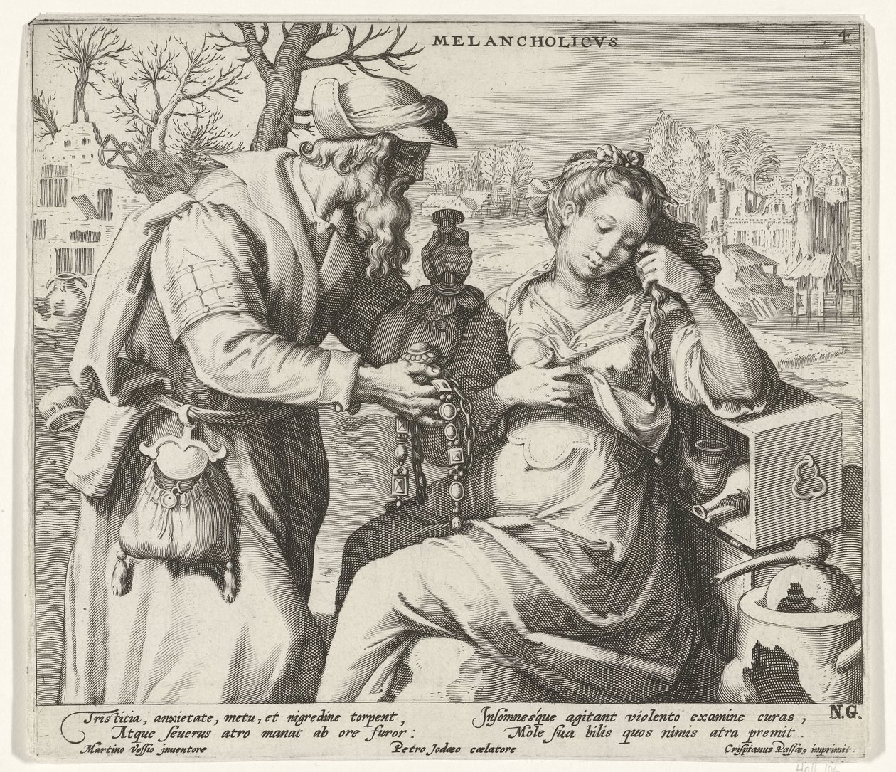 Det melankolske temperament Melancholicvs (titel på objekt) De fire temperamenter (serietitel) af Pieter de Jode (I)
