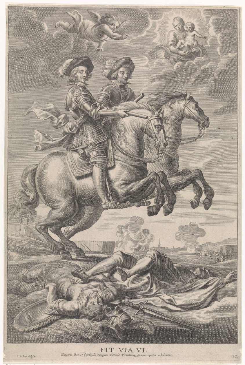 Ferdinand af Østrig med Ferdinand, konge af Bøhmen og Ungarn, til hest ved sejren ved Nördlingen Kardinal-Spædbarnets glædelige indtræden i Gent, 1635 (serietitel) af Pieter de Jode (II)