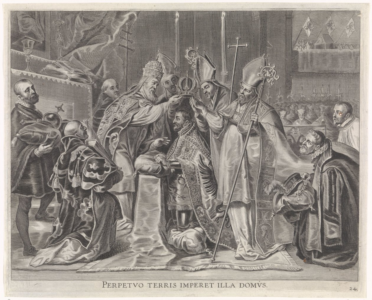 Karl V kronet til kejser af paven Kardinal-Spædbarnets glædelige indtræden i Gent, 1635 (serietitel) af Pieter de Jode (II)