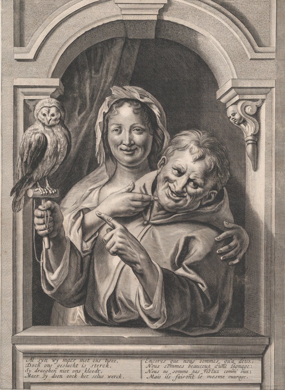 Et fjols med en ugle og en kvinde ved et vindue, 1600-tallet. af Pieter de Jode II