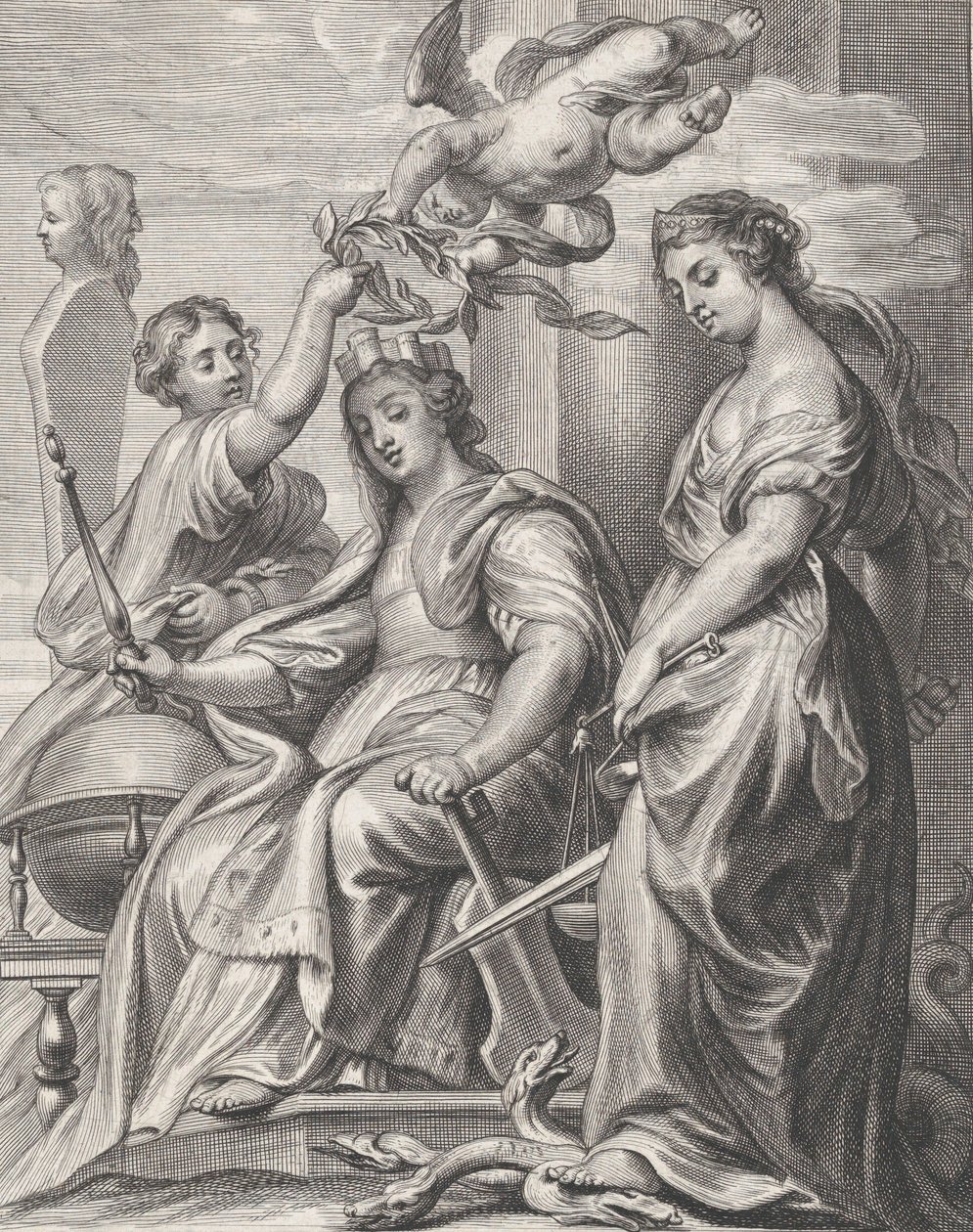 Allegory of Good Government, siddende i midten og kronet af en putto og en wo..., ca. 1640-74. af Pieter de Jode II