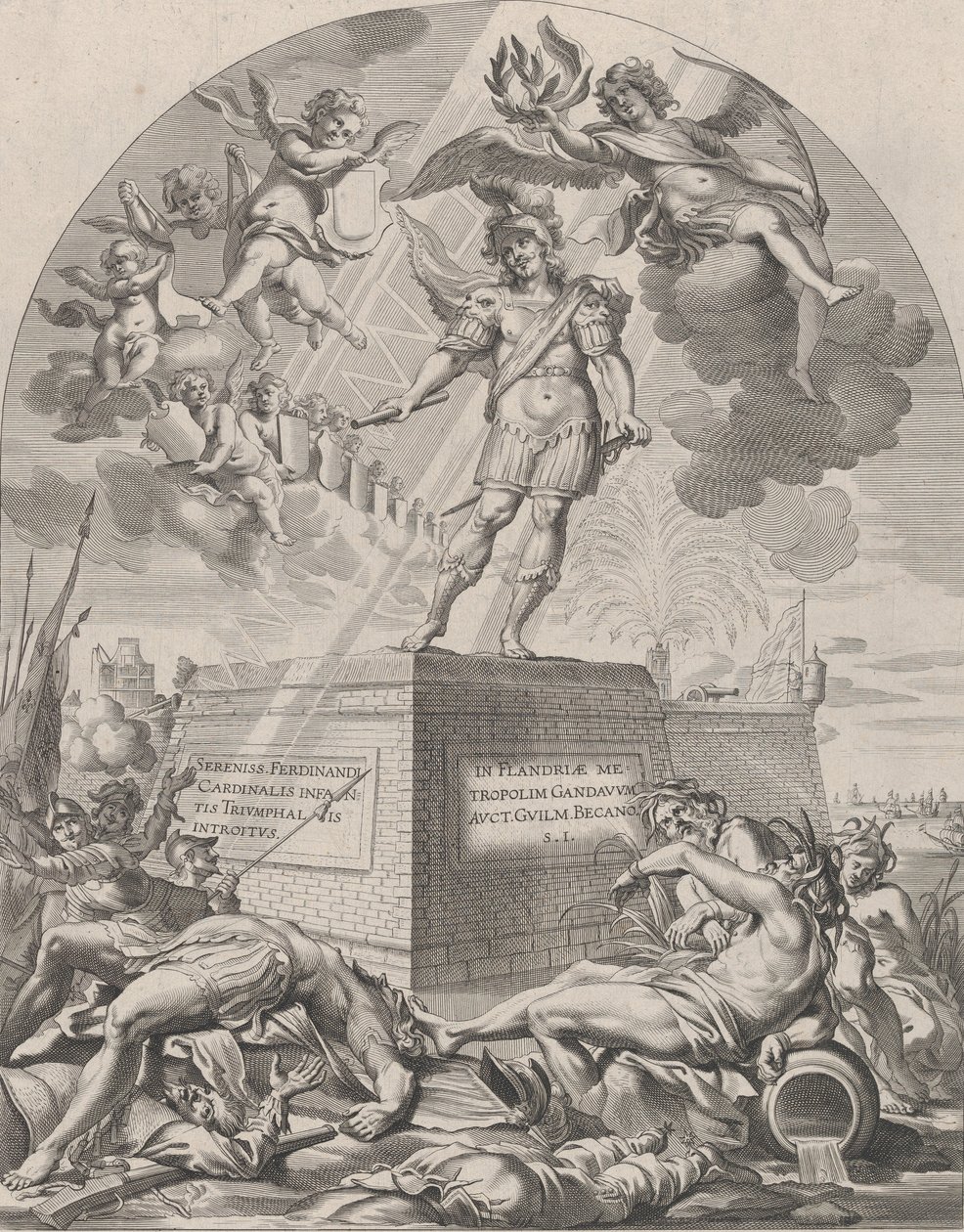 Plade 1: Ferdinand som Mars, stående på en piedestal, fra William Becanus 