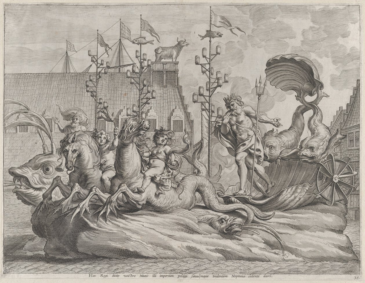 Plade 35: Filip af Spanien som Neptun, ridende i en vogn trukket af to søheste, fra Gu..., 1636. af Pieter de Jode II
