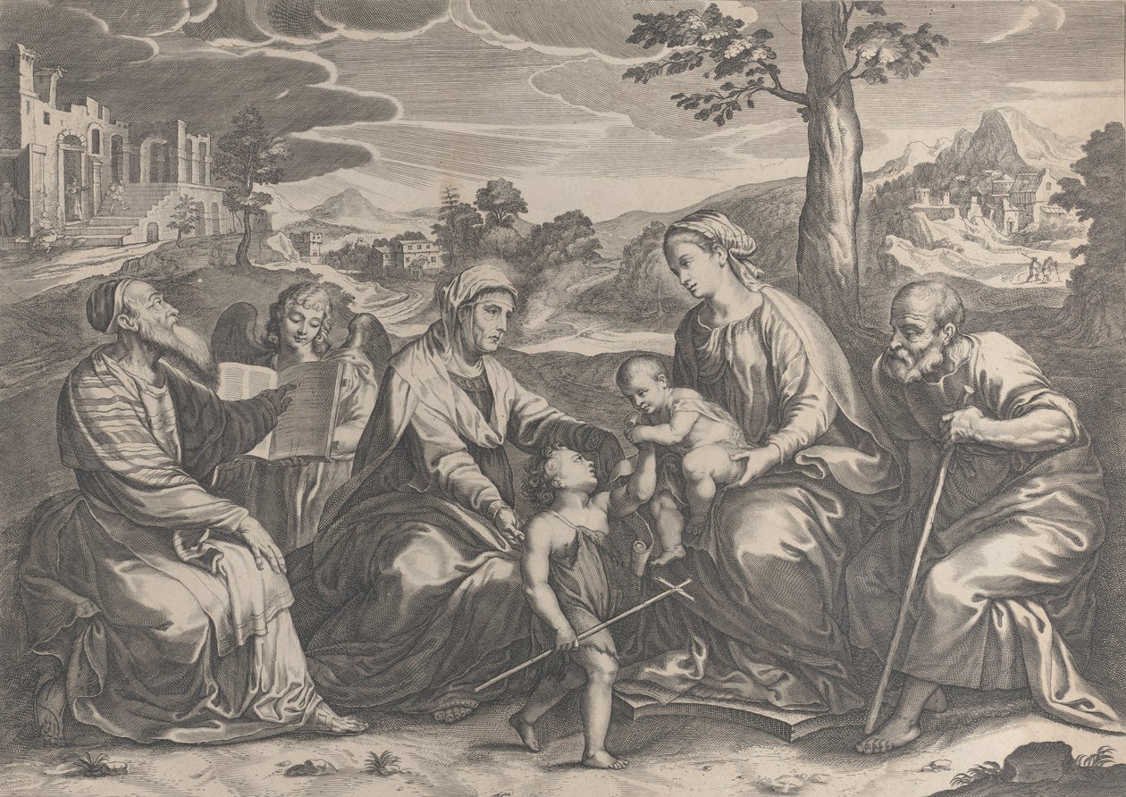 Den hellige familie til højre, med spædbarnet Sankt Johannes Døberen, Elizabeth, Zacharias,..., 1631-37. af Pieter de Jode II