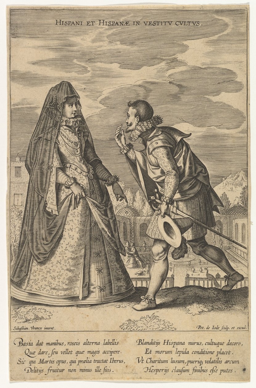 Spaniere og spaniere i kjoledyrkelse, fra Fashions of Different Nations.n.d. af Pieter de Jode I