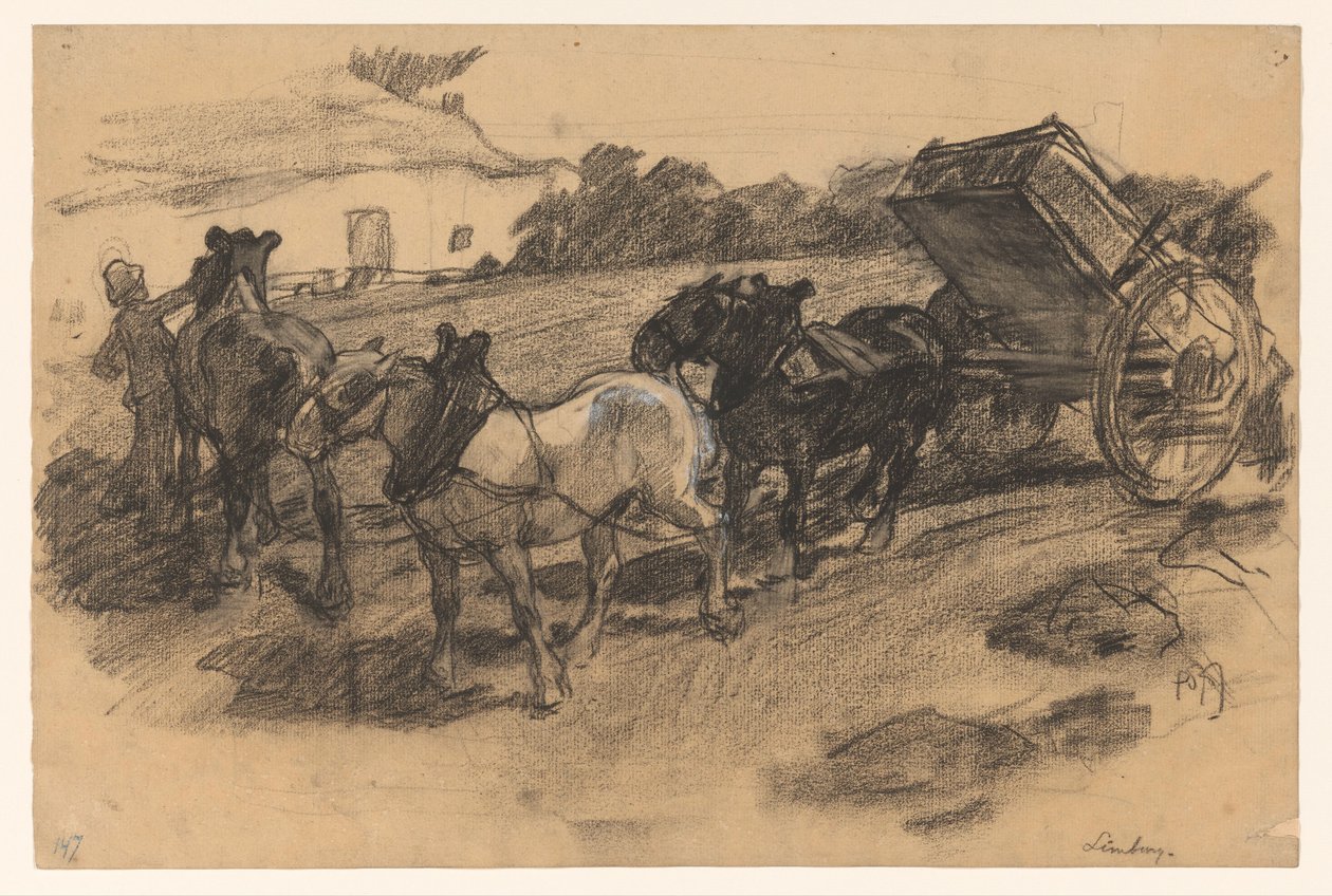 Trense med tre heste til en vogn på en skrånende landbrugsjord i Limburg af Pieter de Josselin