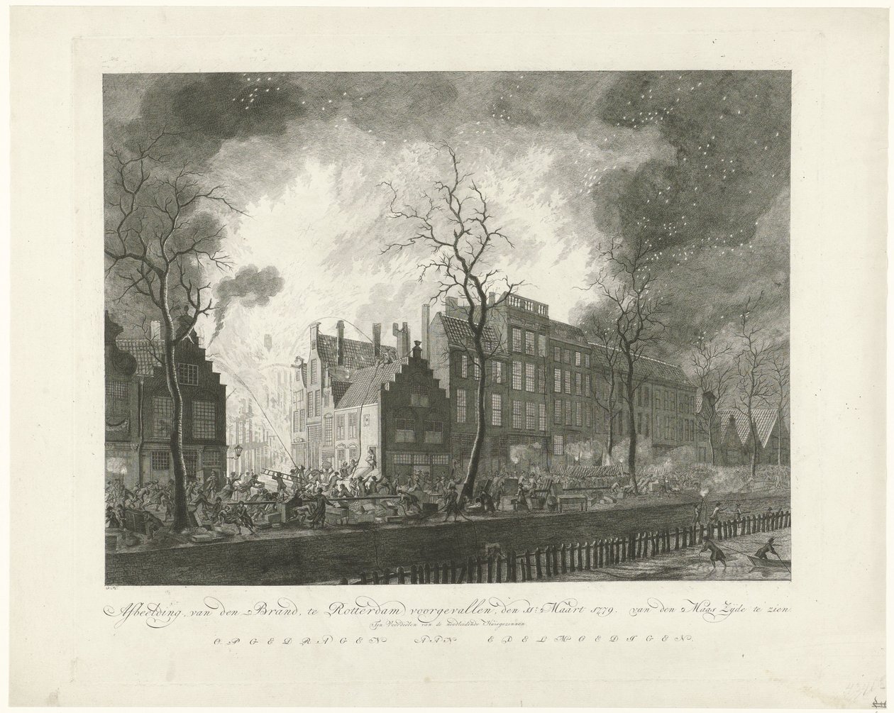 Brand i Pottery Alley i Rotterdam, 1779 Billede, van den Brand, fandt sted i Rotterdam, den 11. marts 1779. van den Maas Silke udstillet (titel på objekt) af Pieter de Mare