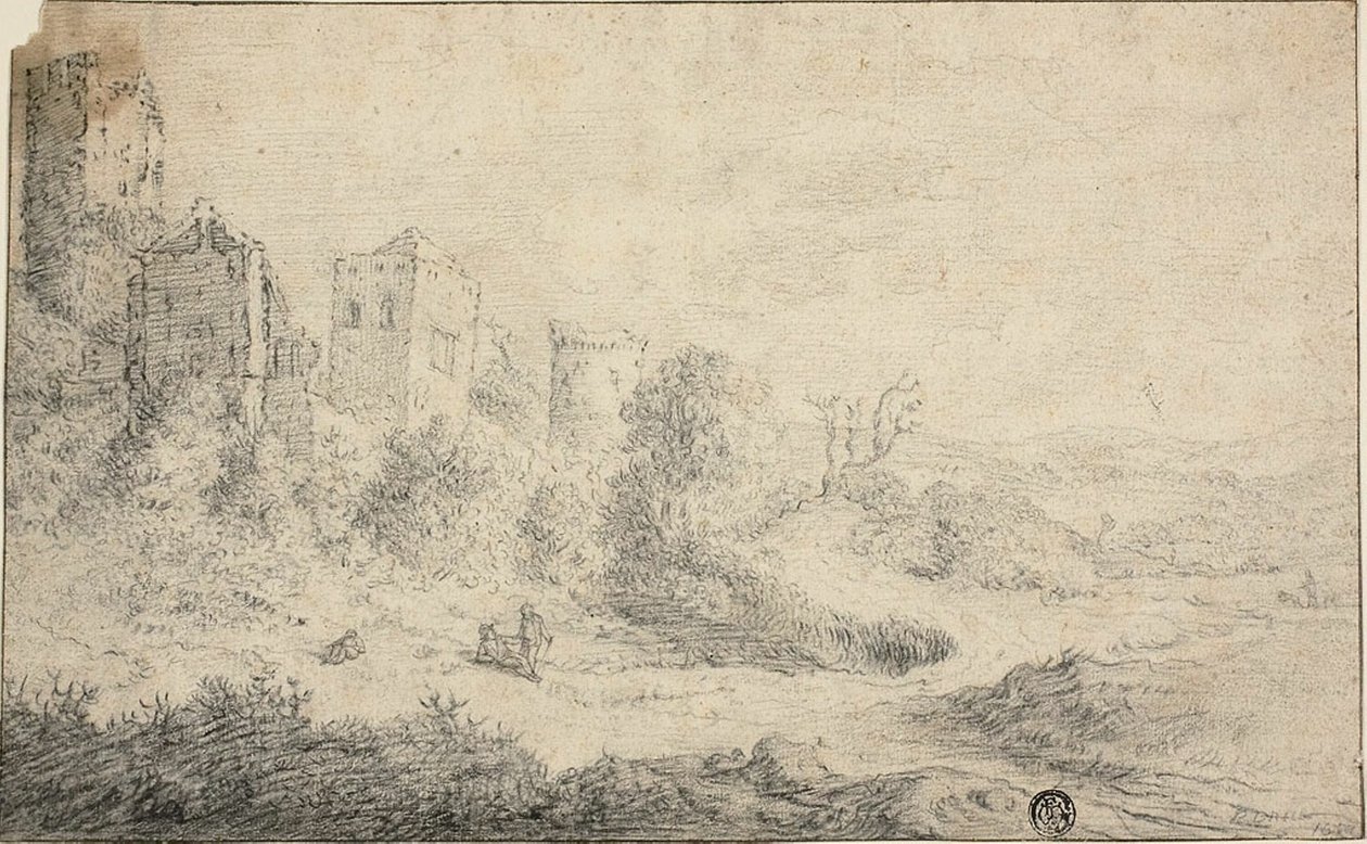 Landskab med ruineret slot og tre figurer af Pieter de Molijn