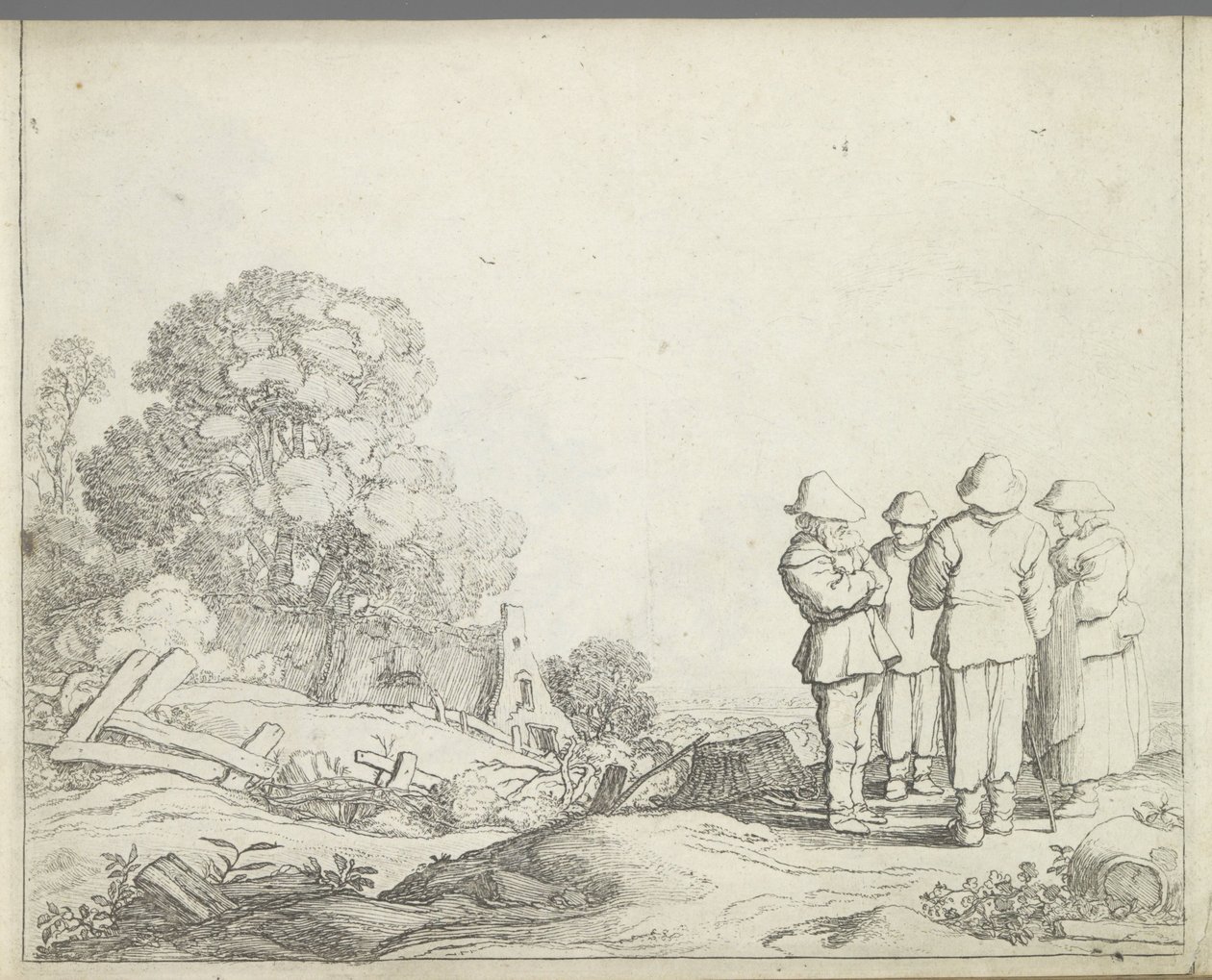 Landskab med tre bønder og en bondekone Landskaber med figurer (serietitel) Mirror of Nature og School of Drawing (...) (serietitel) af Pieter de Molijn