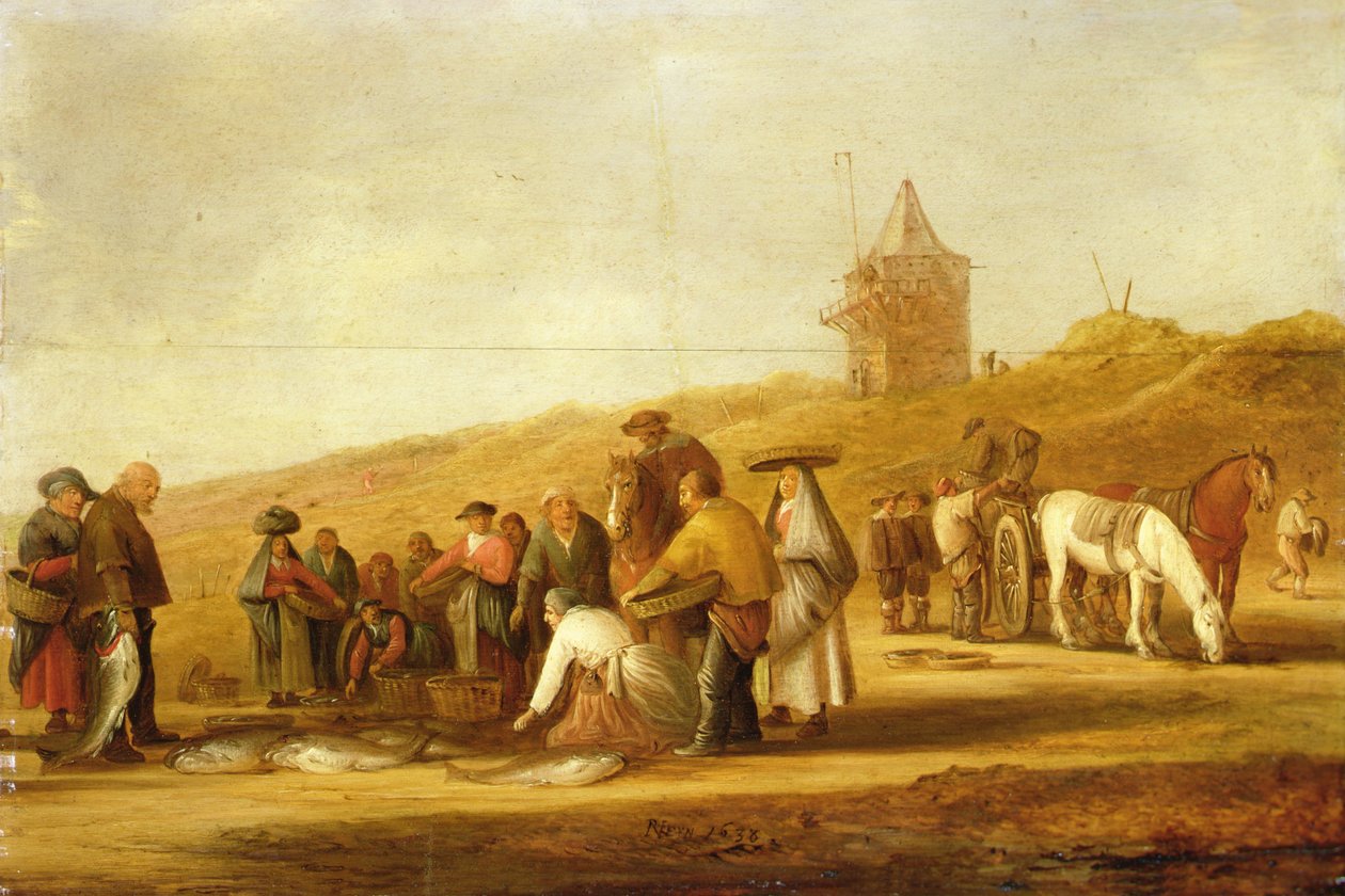 Fiskere sælger deres fangst på stranden (olie på lærred) af Pieter de Neyn