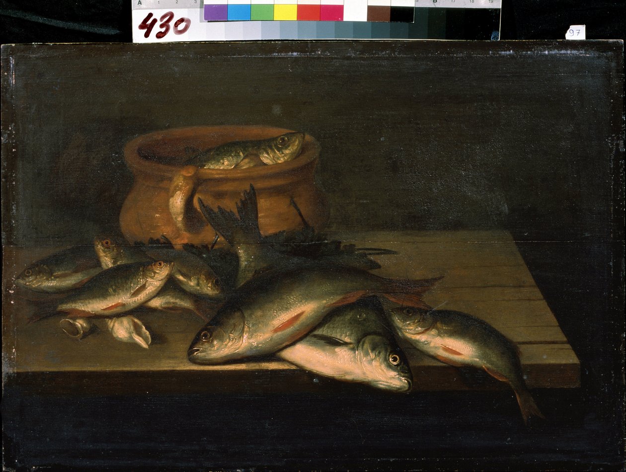 "Stilleben med fisk" Maleri af Pieter de Putter (ca. 1600-1659) Mikhail Kroshitsky kunstmuseum fra det 17. århundrede, Sevastopol (Sevastopol) Ukraine af Pieter de Putter