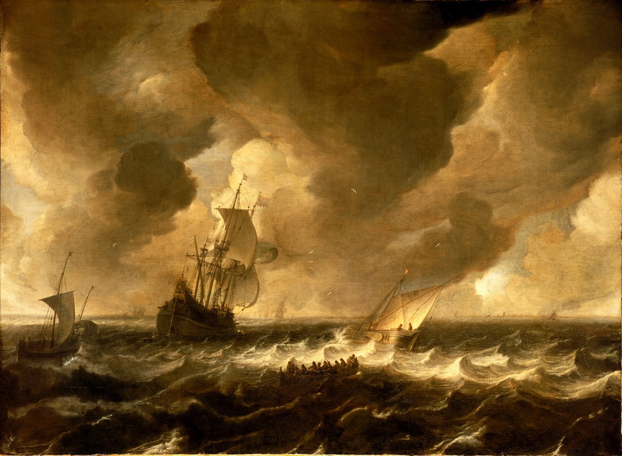 En fløjte og andre fartøjer ud for den hollandske kyst, midten af det 17. århundrede (oliemaleri) af Pieter de Zeelander
