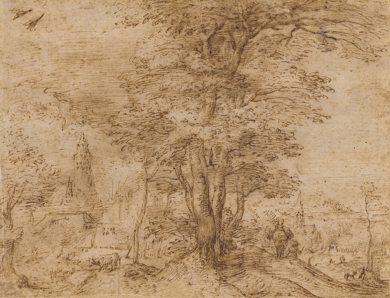 En landsby med en gruppe træer og et muldyr, ca. 1552-54 af Pieter Bruegel the Elder