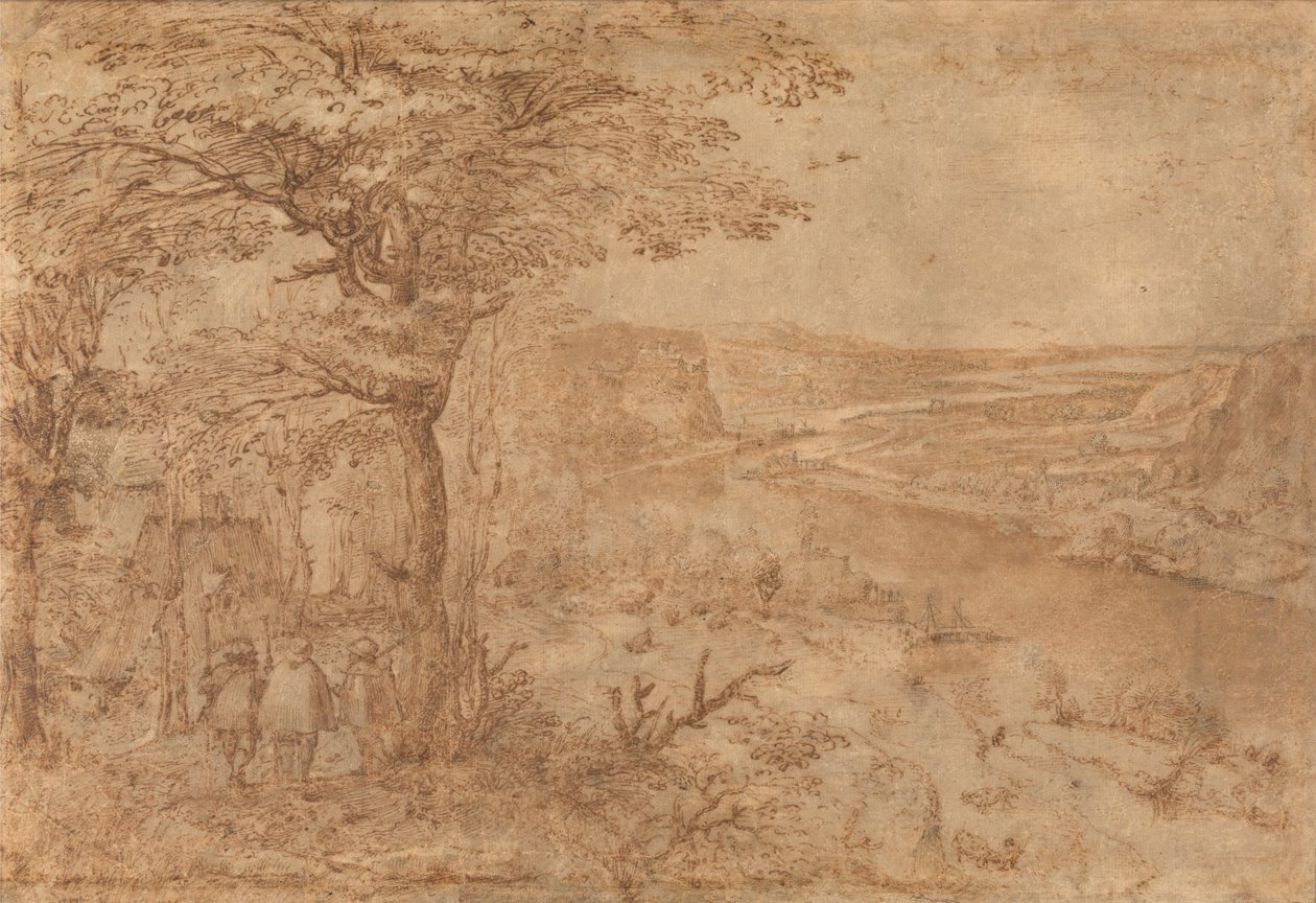 Landskab med pilgrimme (pen og brunt blæk på papir) af Pieter Bruegel the Elder
