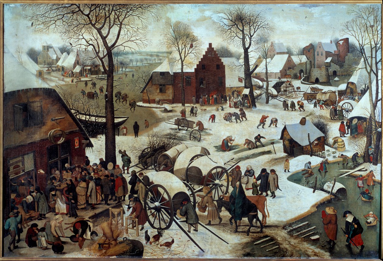 Betaling af skillingen eller deombrementet til Bethleem (h s/t 1,11 X 1,64). Maleri af Pieter Bruegel (eller Breugel eller Brueghel eller Breughel) førstnævnte (1525-1569). 1566. Bruxelles, Royal Museum of Fine Arts. af Pieter Bruegel the Elder