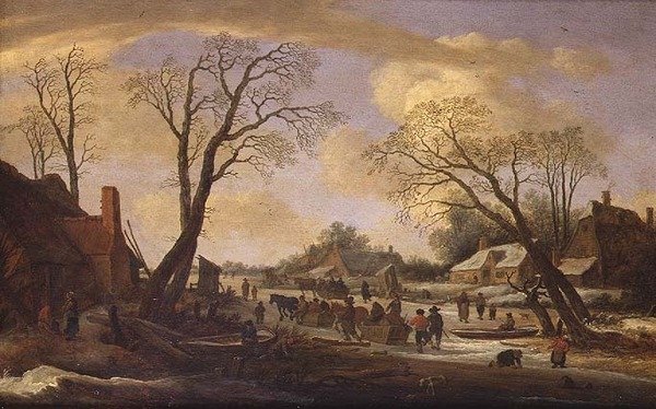 Et vinterflodlandskab med bønder og hestetrukne slæder af Pieter the Elder Molyn