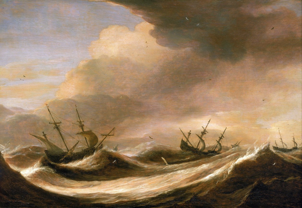 Skibe på åbent hav, der flygter fra stormen, med reducerede sejl, rystet af de stærke bølger. Olie på træ, omkring 1640, af Pieter Mulier (1615-1670). af Pieter the Elder Mulier