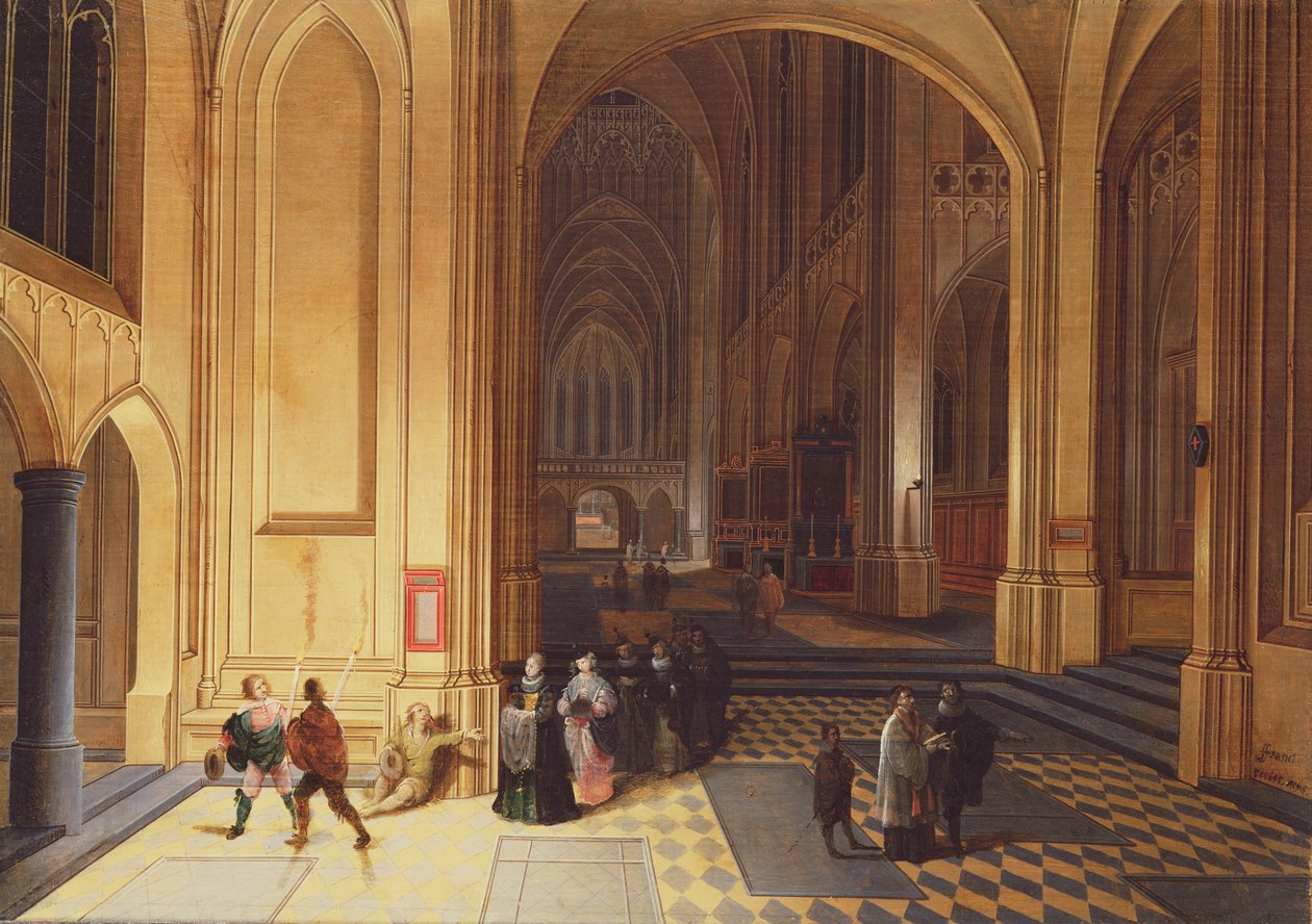 Interiør af en katedral med en tigger og andre figurer af Pieter the Elder Neeffs