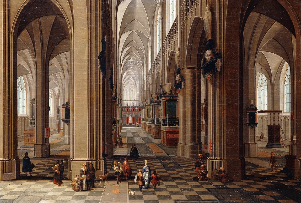 Det indre af en gotisk katedral med byfolk og pigrimme, 1647 af Pieter the Elder Neeffs
