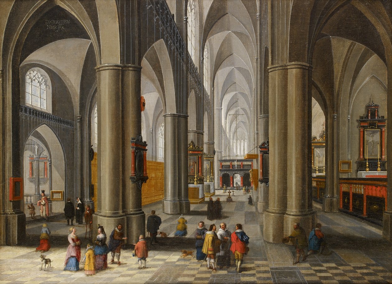 Interiør af en katedral med figurer af Pieter the Elder Neefs