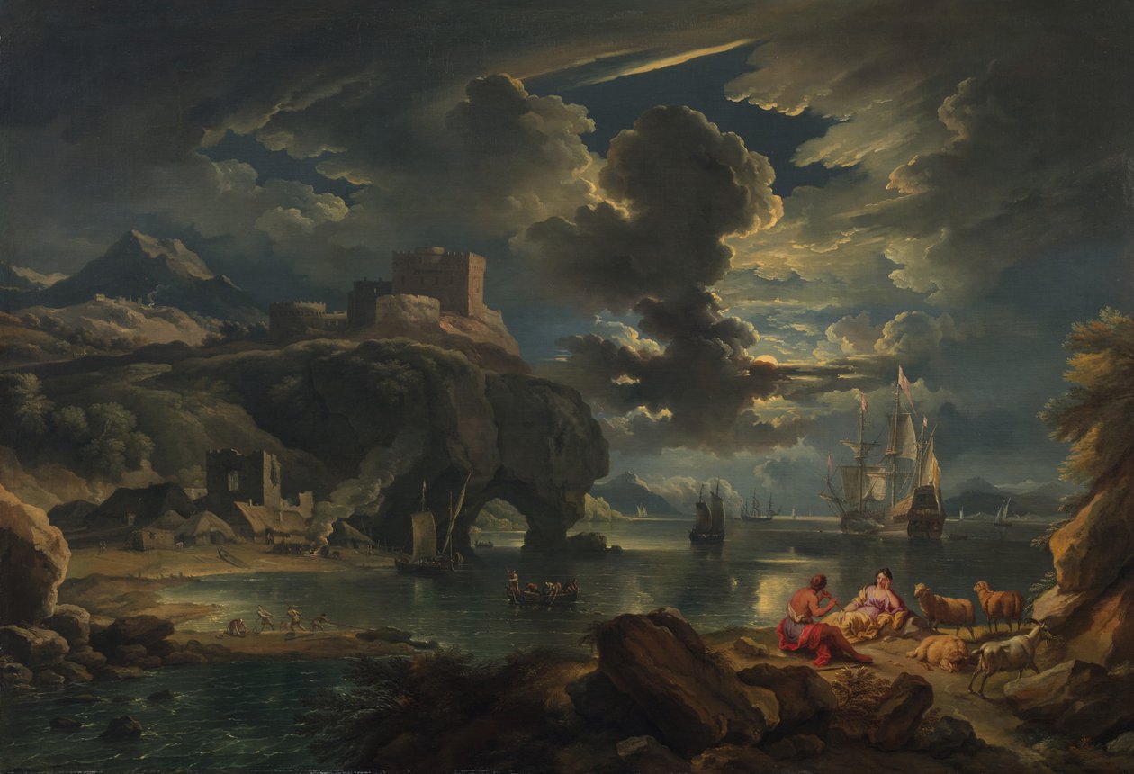 Et månebelyst kystlandskab fra Middelhavet, ca. 1700-01 (olie på lærred) af Pieter the Younger Mulier