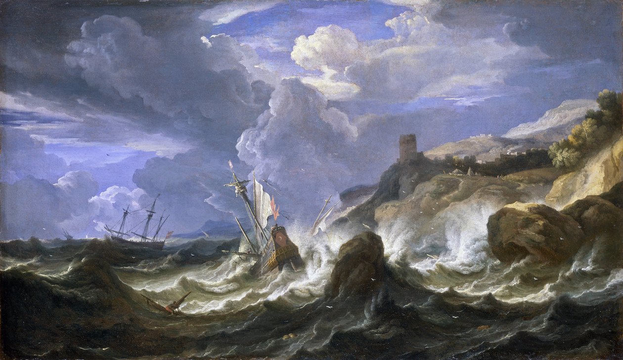 Skibsvrag i storm nær en klippekyst. Olie på lærred, midten af det 17. århundrede af Pieter Mulier II den yngre (eller Pietro Mulieribus eller Pietro Cavaliere Tempesta) (1637-1701). af Pieter the Younger (1637 1701) Mulier
