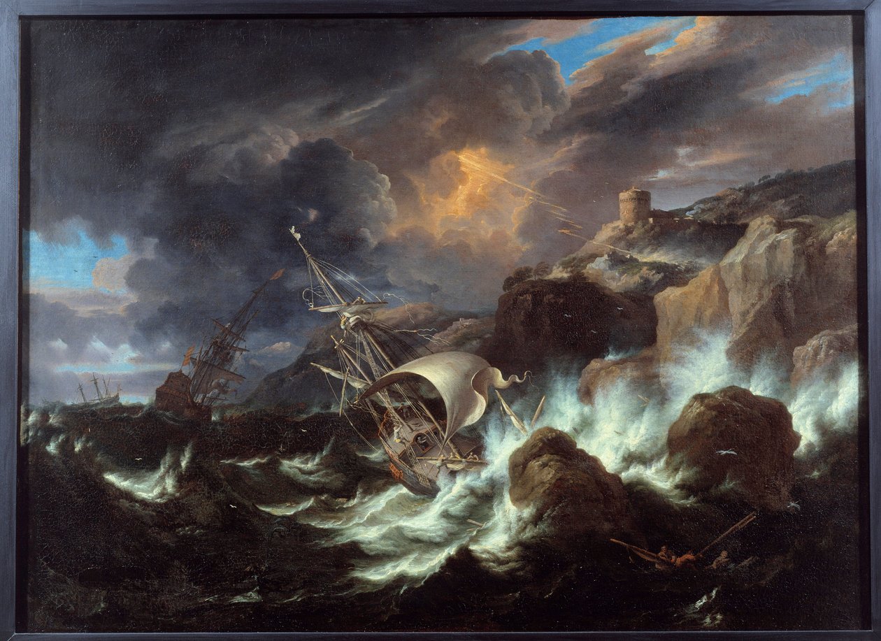 Tempete på havet. Maleri af Pieter Mulier II den Unge (eller Pietro Mulieribus eller Pietro Cavaliere Tempesta) (1637-1701) af Pieter the Younger Mulier