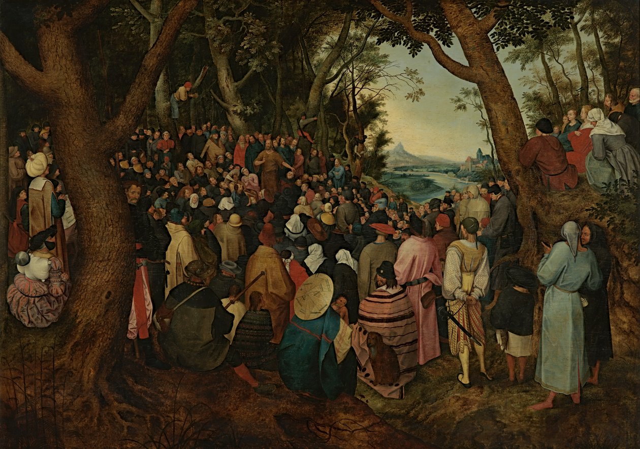 Johannes prædiker for folkemængden (olie på panel) af Pieter the Younger (after) Brueghel