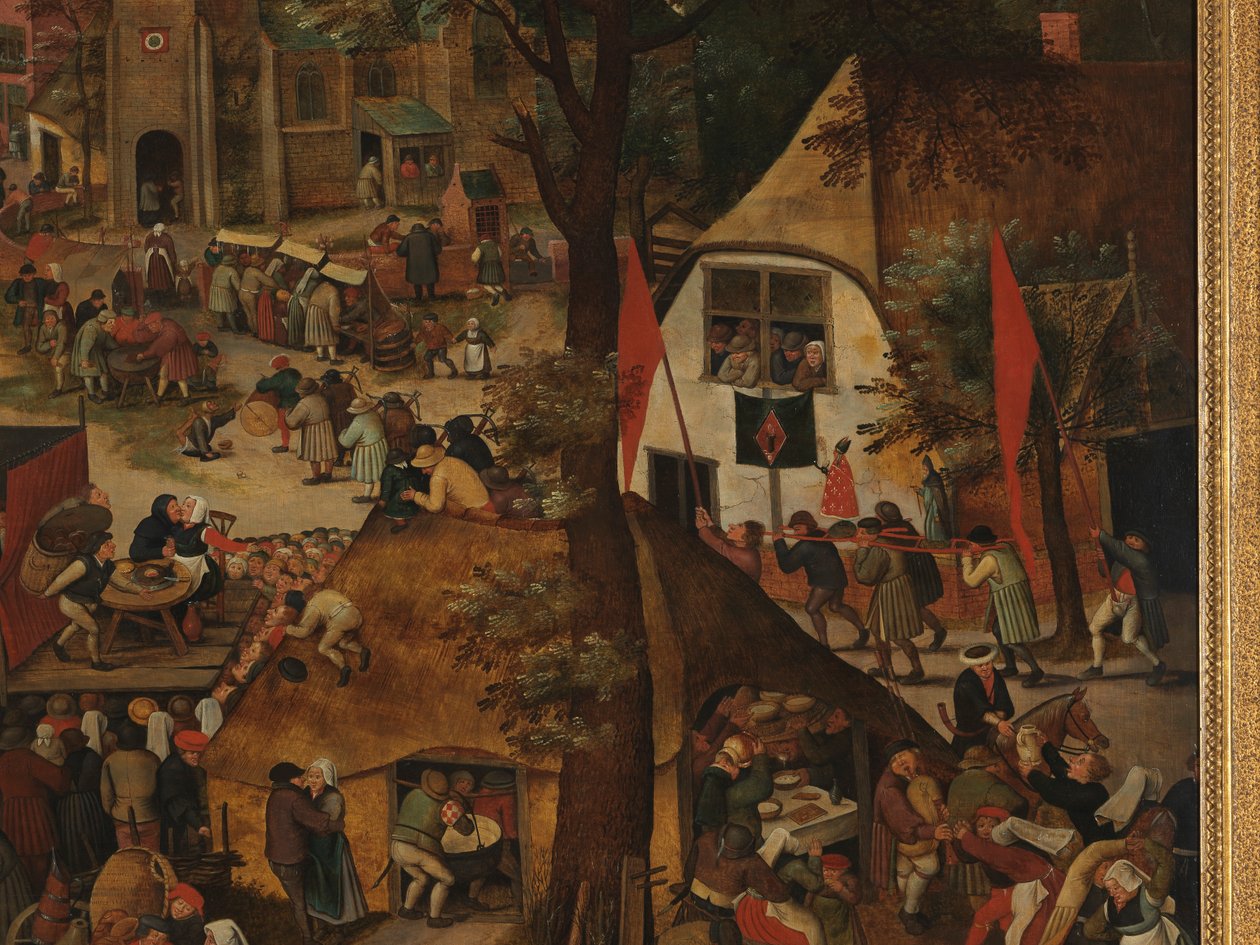 En landsbyfestival med en teaterforestilling og en procession til ære for St. Hubert og St. Anthony af Pieter Brueghel the Younger