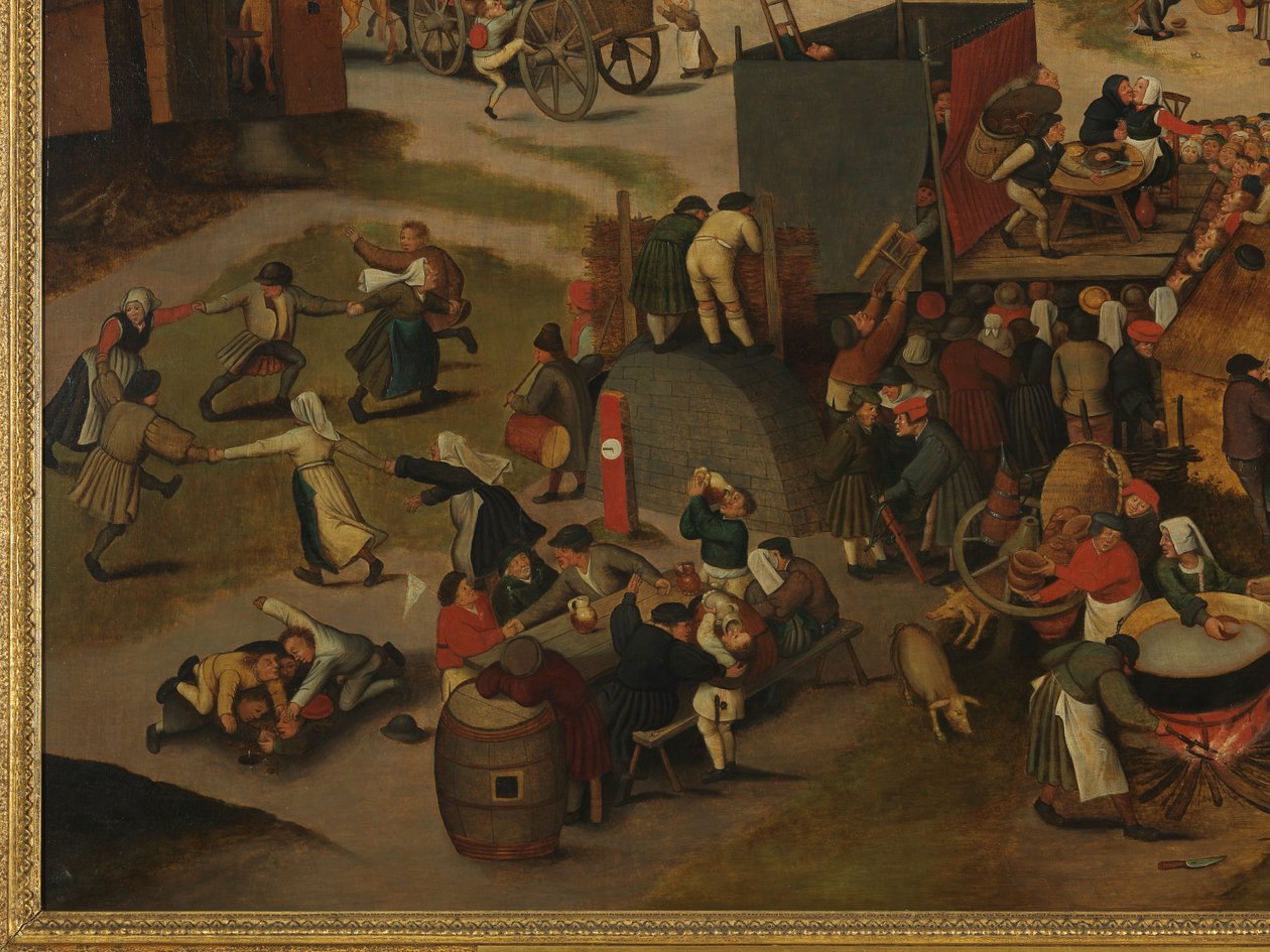 En landsbyfestival med en teaterforestilling og en procession til ære for St. Hubert og St. Anthony af Pieter Brueghel the Younger