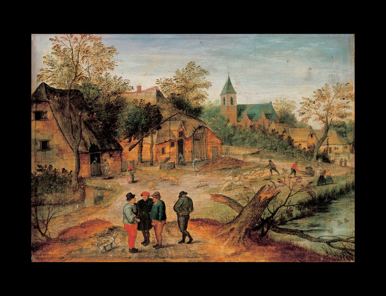 Et landsbylandskab med bønder, der taler i forgrunden, 1634 af Pieter Brueghel the Younger