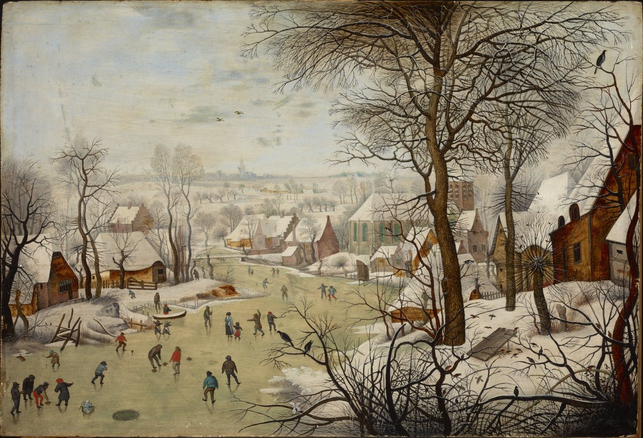 Vinterlandskab med en fuglefælde - Vinterlandskab med en fuglefælde, af Brueghel, Pieter, den yngre (1564-1638). olie på træ af Pieter the Younger Brueghel
