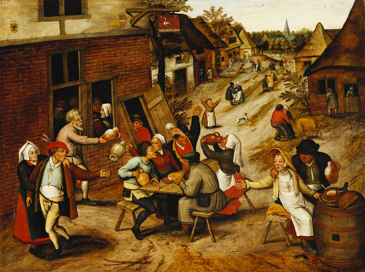 Bøndernes lystighed udenfor Swan Inn i en landsbygade, 1630 af Pieter Brueghel the Younger