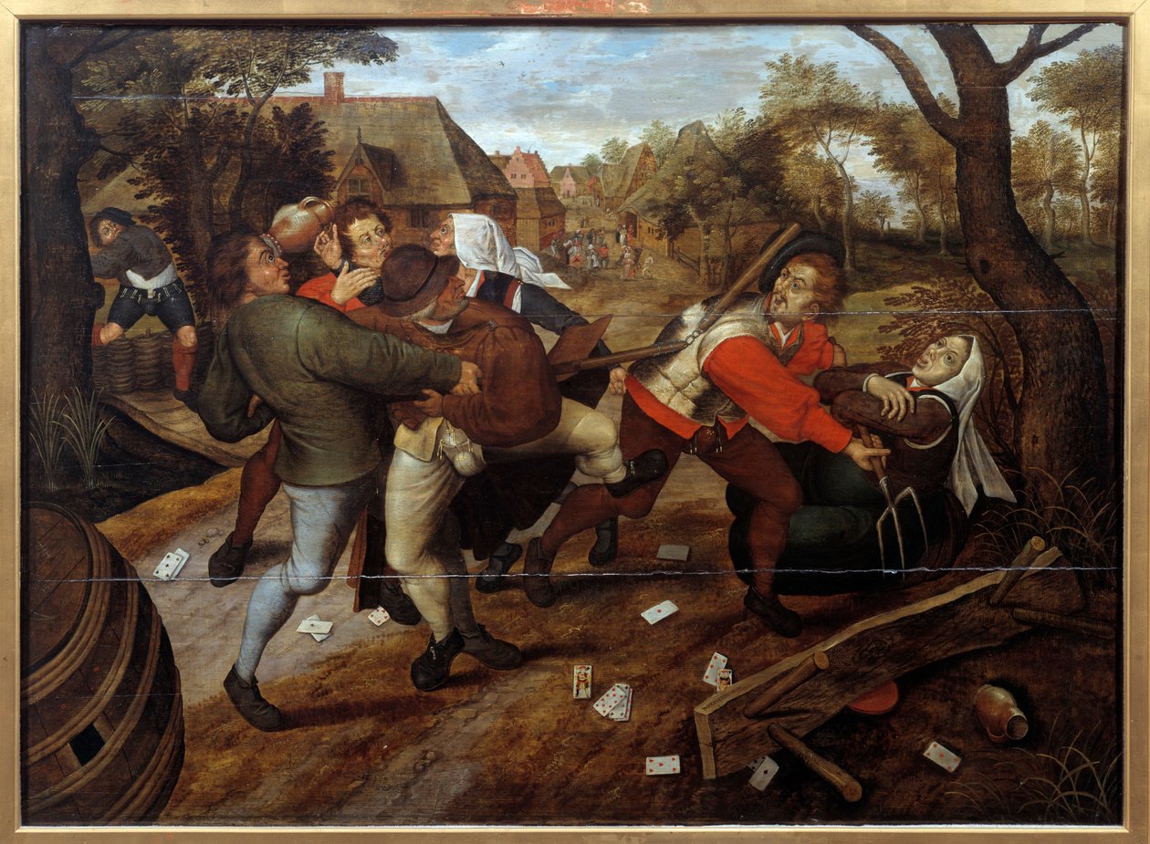 Bønder kæmper efter et spil med klasser. Maleri af Pieter Li the Jeune dit Brueghel d