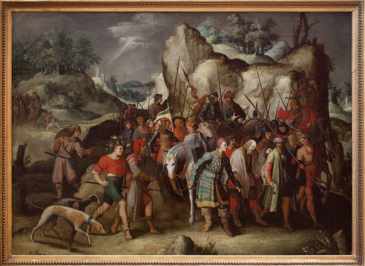 Sankt Paulus fører til Damaskus (Syrien), efter sin omvendelse. Dette maleri, direkte fra en gravering af Lucas de Leiden (1509), repræsenterer episoden efter Saul de Tarsus