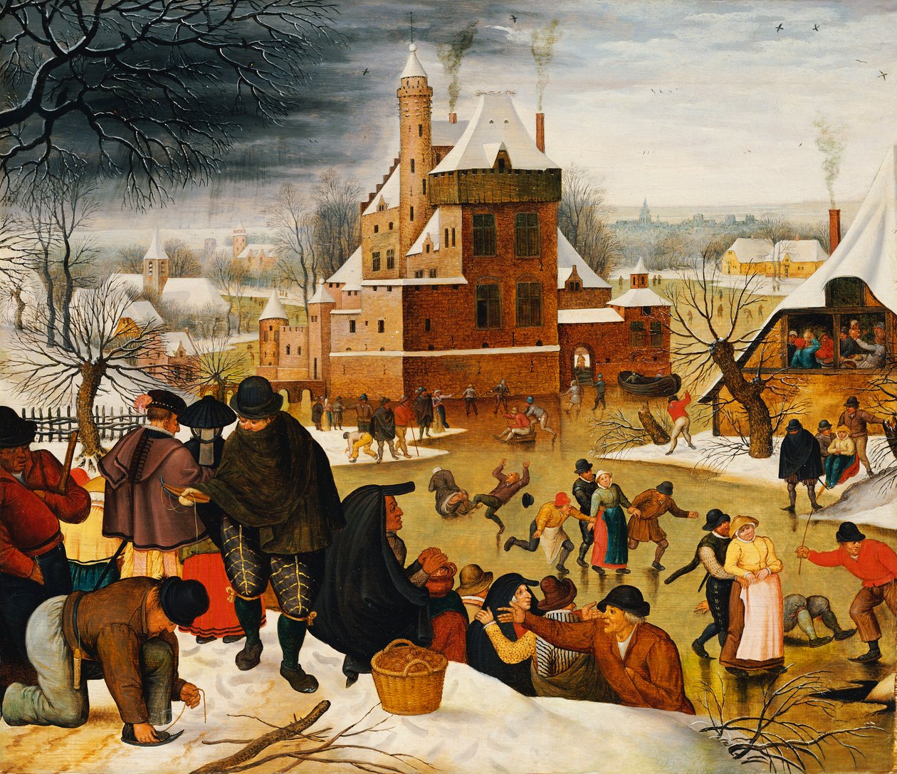 Byfolk på skøjter på en borggrav (olie på panel) af Pieter the Younger Brueghel